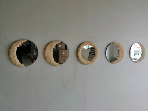 Decorative handmade gypsum sand beige Moon phase mirror for home wall hanging mirror10