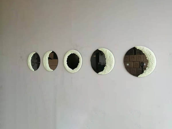Decorative handmade gypsum sand beige Moon phase mirror for home wall hanging mirror11