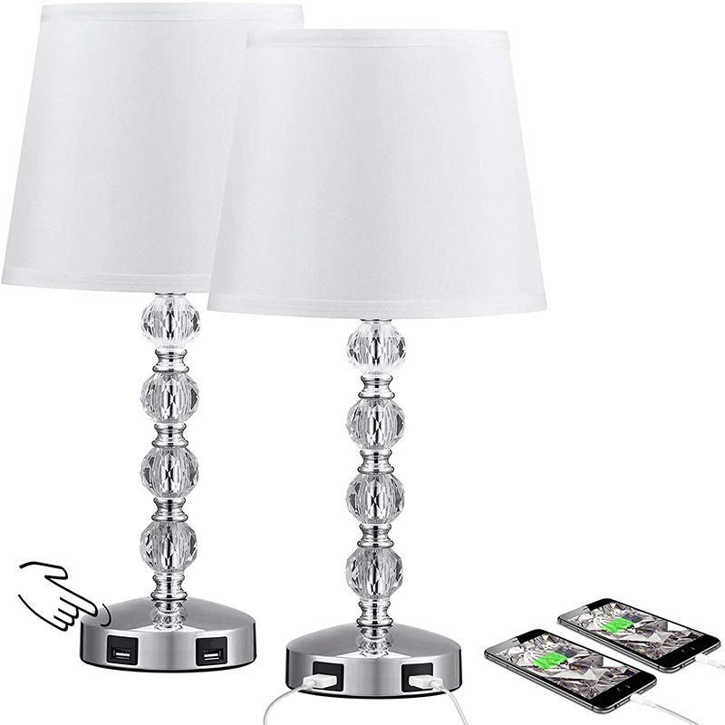 crystal touch control dimming lamp with double USB rechargeable night table desk bedroom bedside table lamp