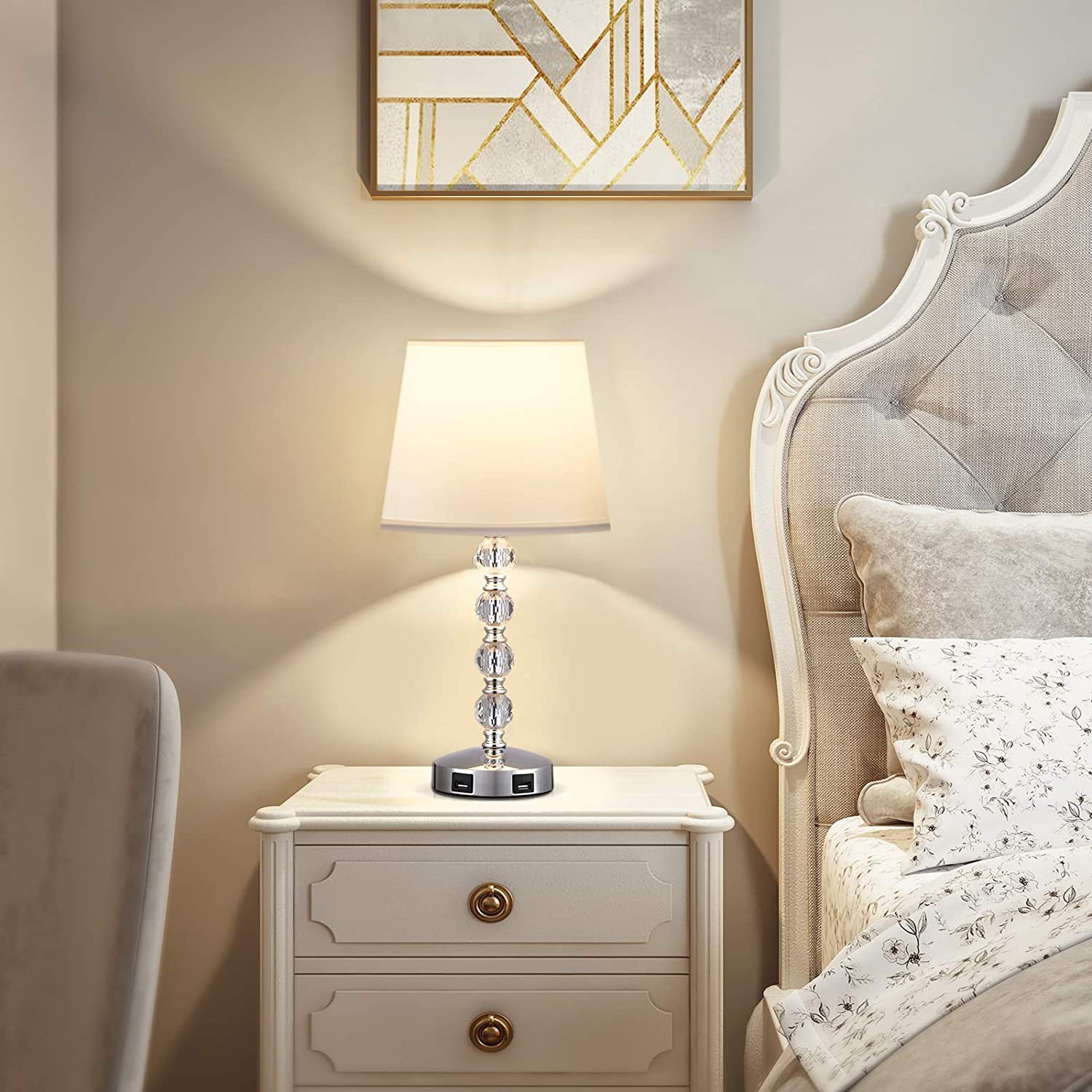 crystal touch control dimming lamp with double USB rechargeable night table desk bedroom bedside table lamp