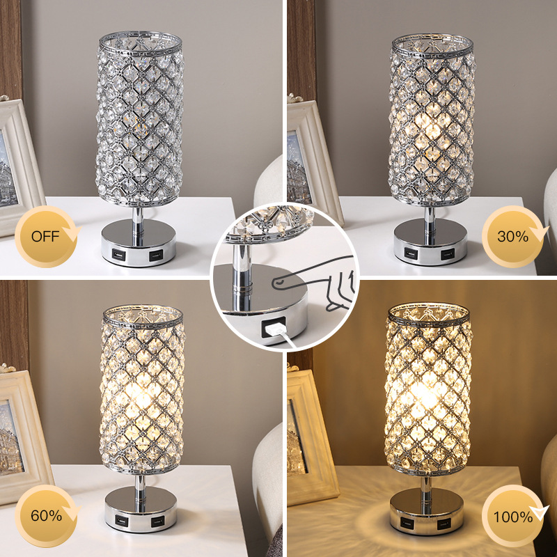 crystal touch control dimming lamp with double USB rechargeable night table desk bedroom bedside table lamp